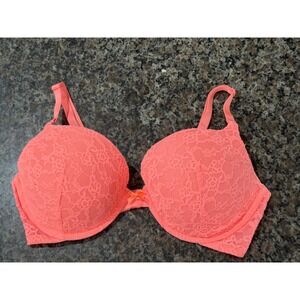 Victorias Secret Neon Coral Pink Floral Lace Push-Up Bra 36D Underwire Bow